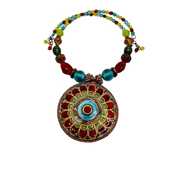 VTG Y2K Boho Chic Enameled Brass Medallion Choker Necklace Artsy Bohemian - Picture 2 of 7